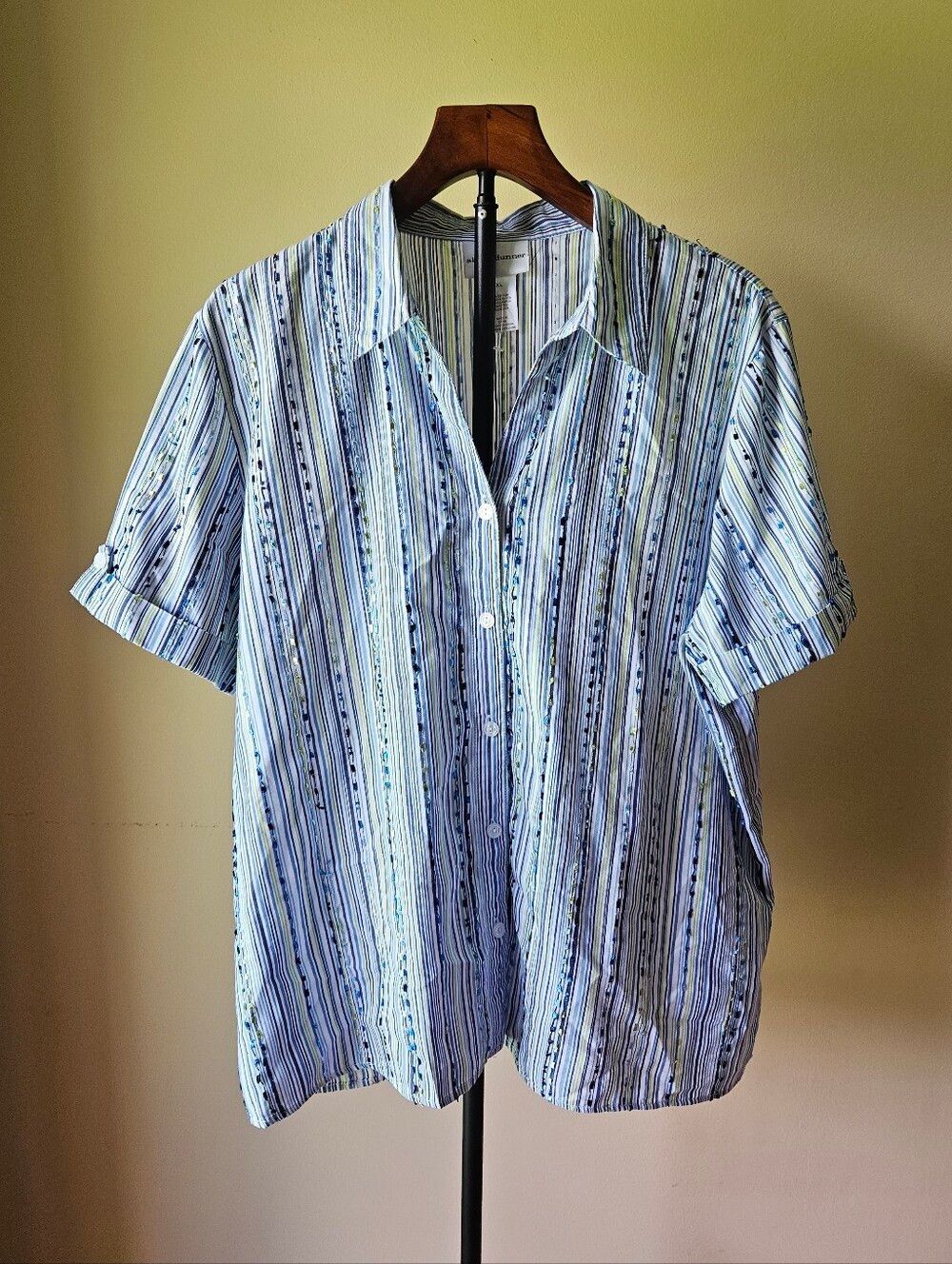 Alfred Dunner Blue and White Striped Short-Sleeve Button-Down Shirt Size XL